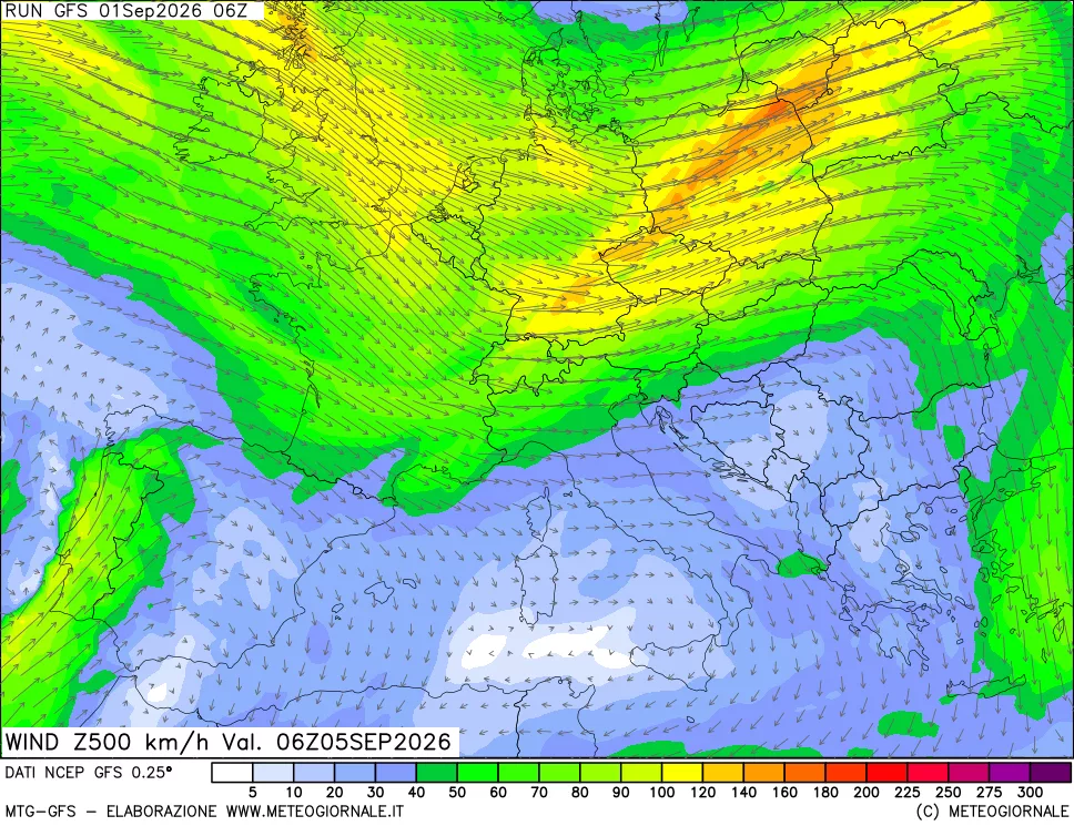 mappa 500 hPa Vento forza e direzione