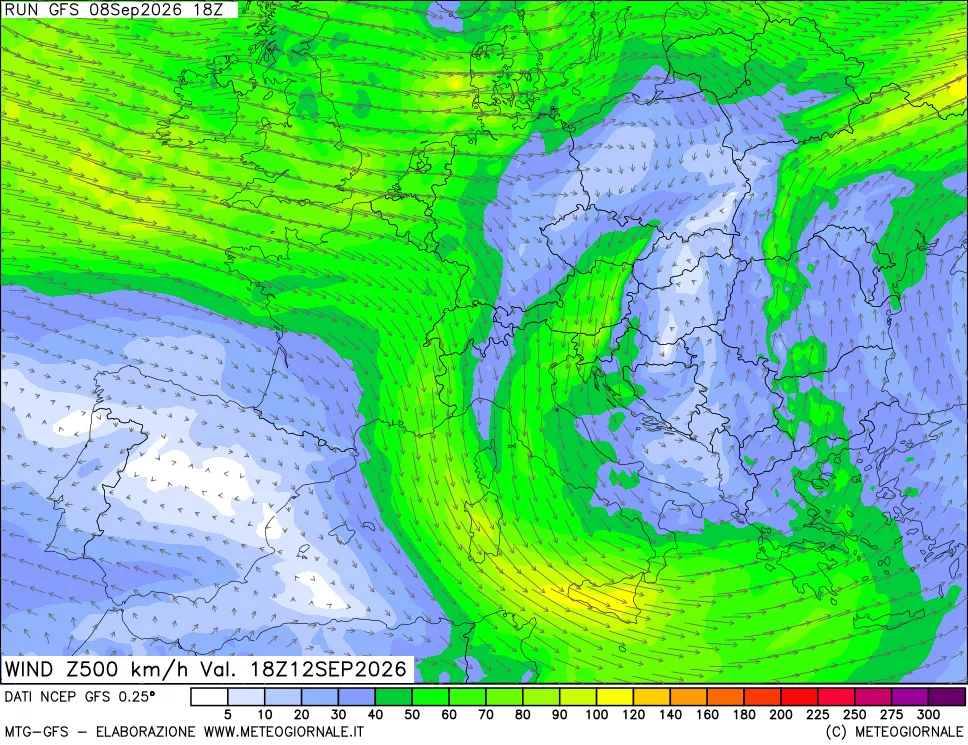 mappa 500 hPa Vento forza e direzione
