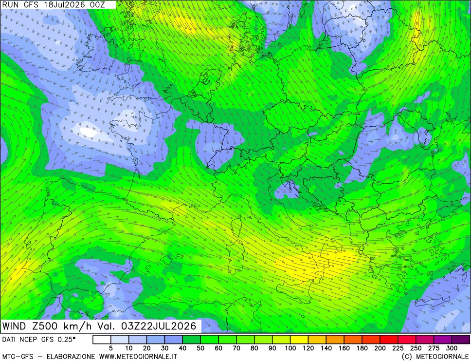 mappa 500 hPa Vento forza e direzione