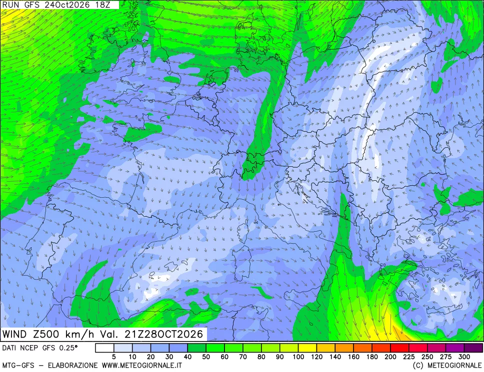 mappa 500 hPa Vento forza e direzione