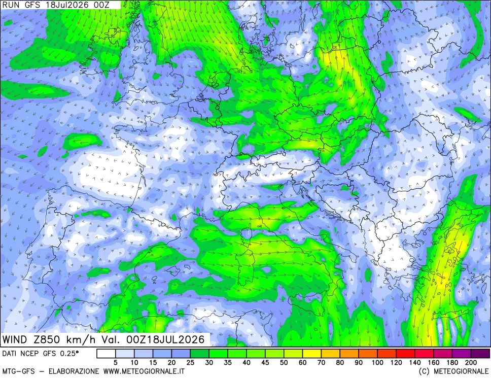 mappa 850 hPa Vento forza e direzione