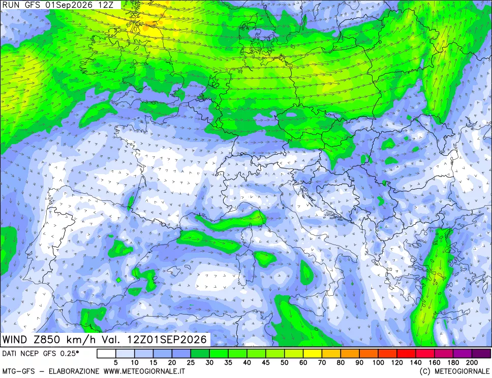 mappa 850 hPa Vento forza e direzione