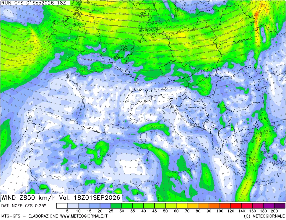 mappa 850 hPa Vento forza e direzione
