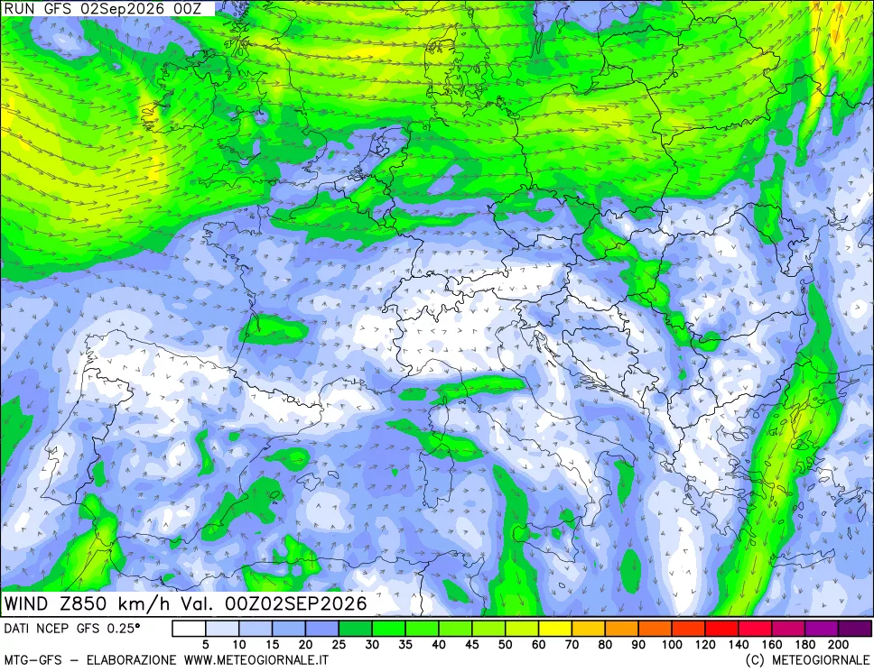 mappa 850 hPa Vento forza e direzione