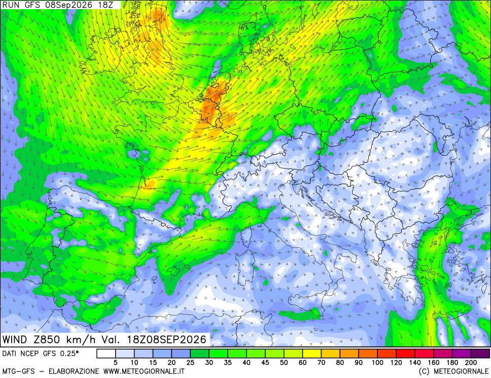 mappa 850 hPa Vento forza e direzione