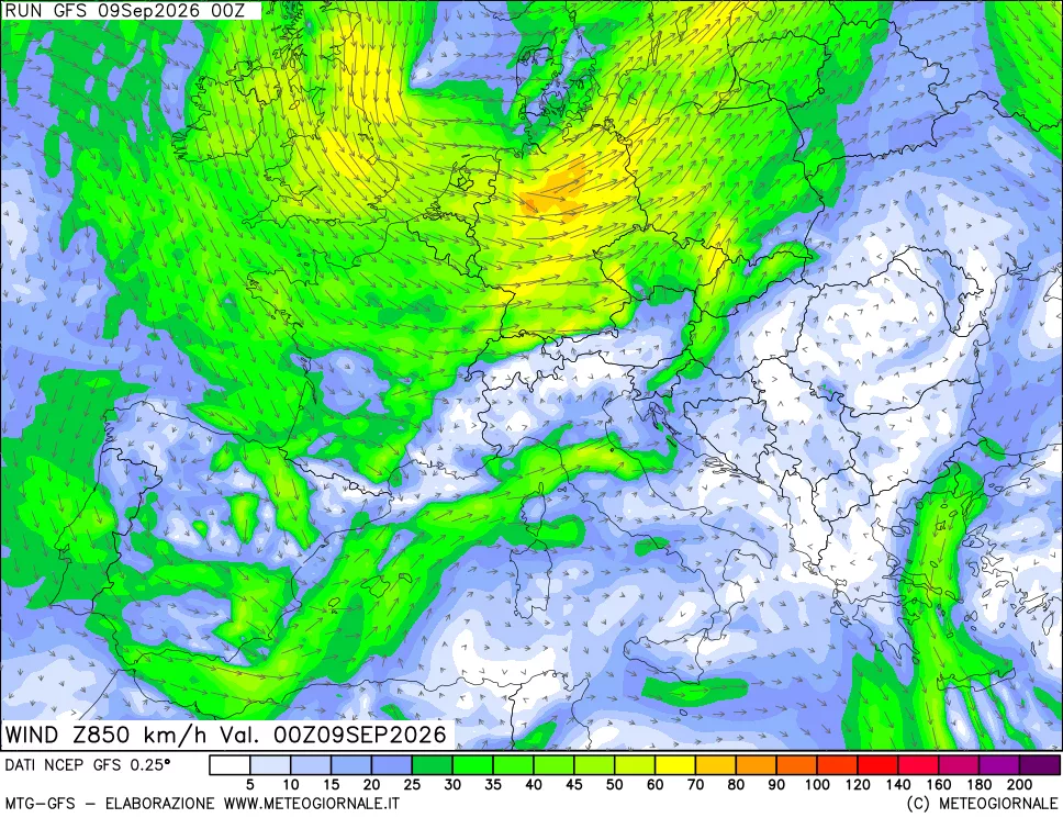 mappa 850 hPa Vento forza e direzione