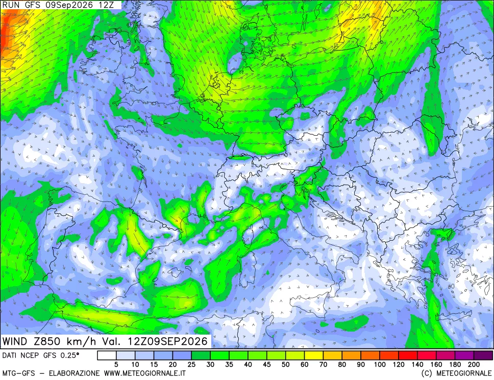 mappa 850 hPa Vento forza e direzione