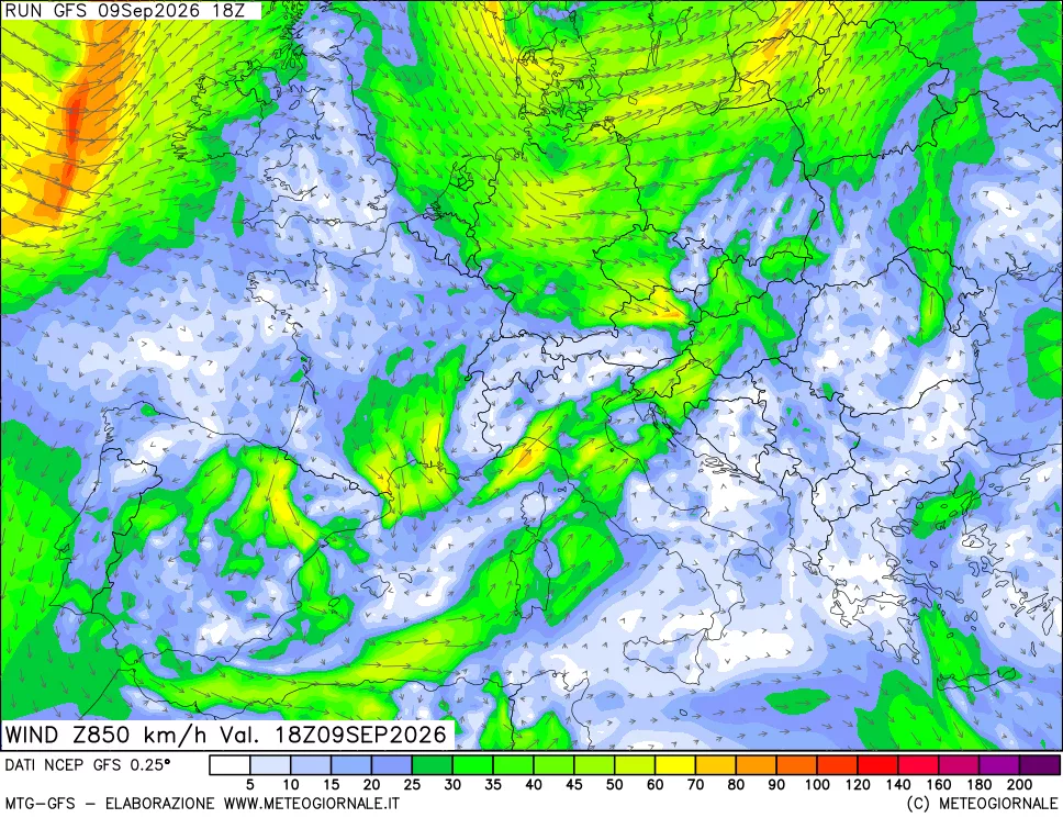 mappa 850 hPa Vento forza e direzione