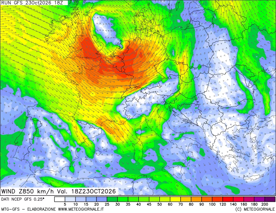 mappa 850 hPa Vento forza e direzione