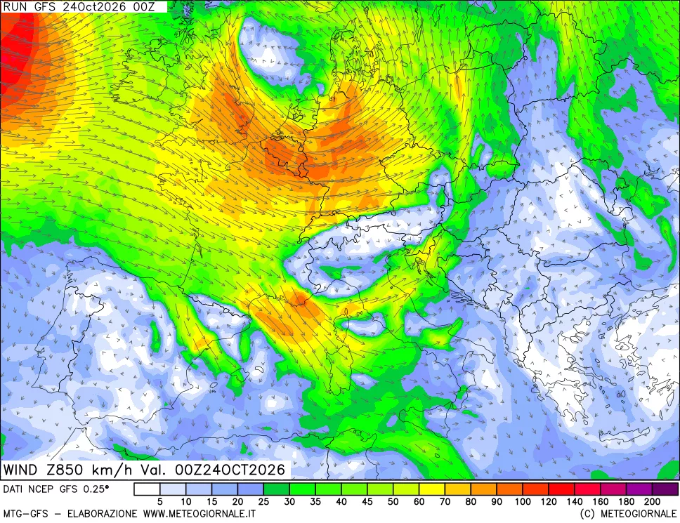 mappa 850 hPa Vento forza e direzione