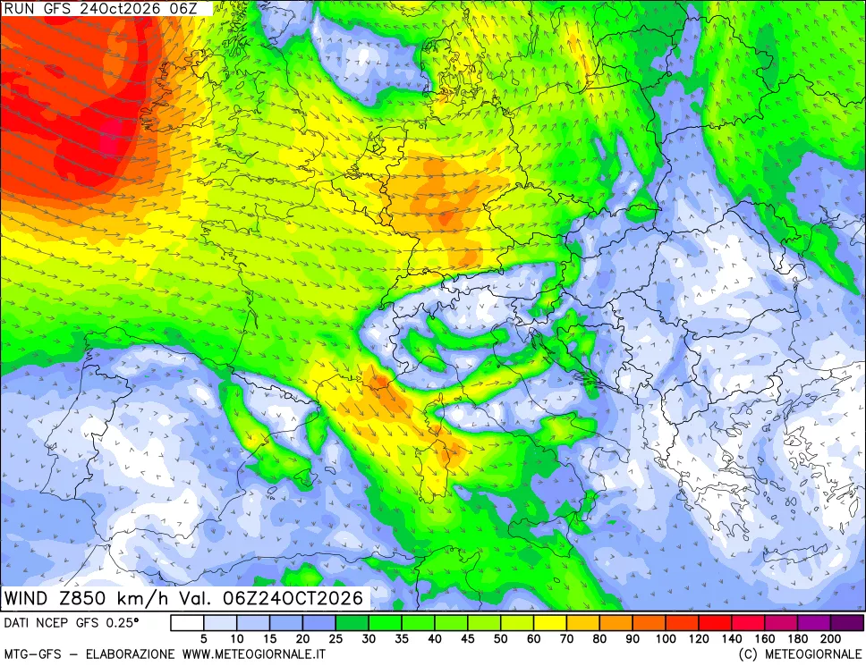 mappa 850 hPa Vento forza e direzione