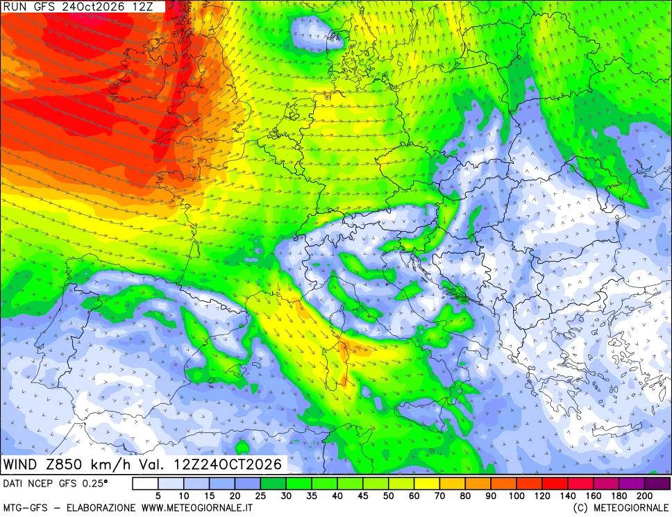 mappa 850 hPa Vento forza e direzione