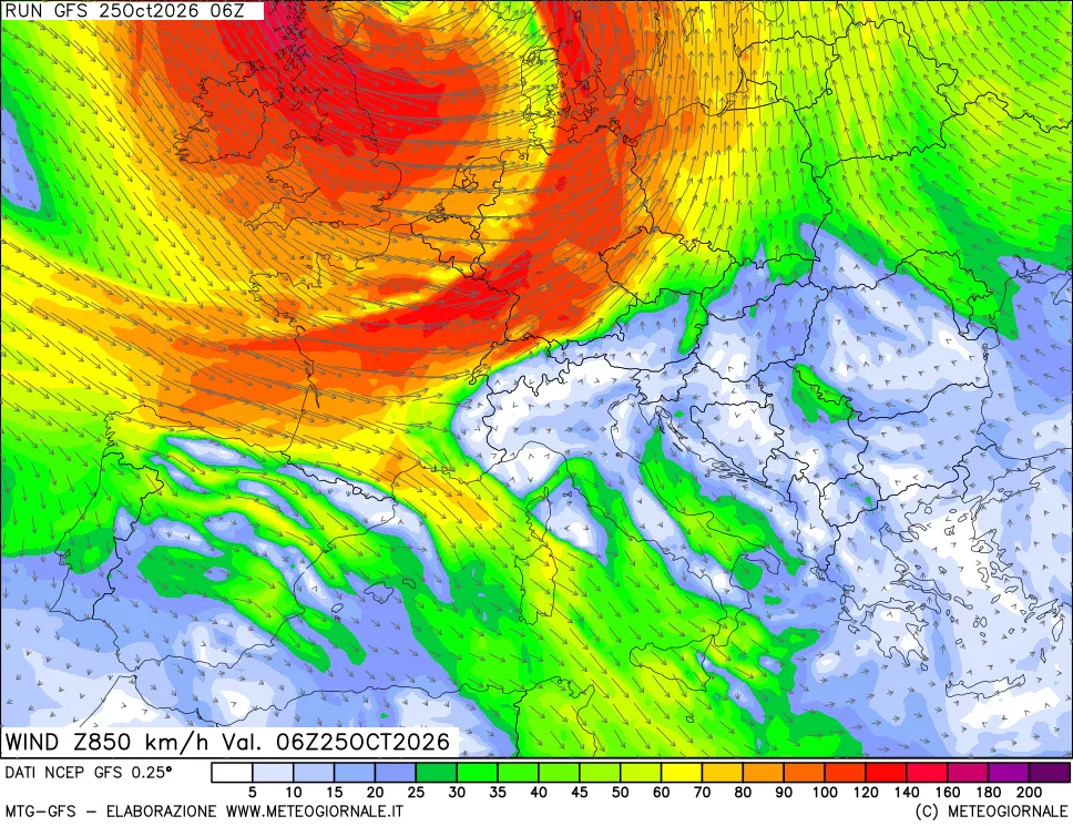 mappa 850 hPa Vento forza e direzione