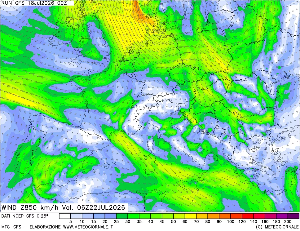 mappa 850 hPa Vento forza e direzione