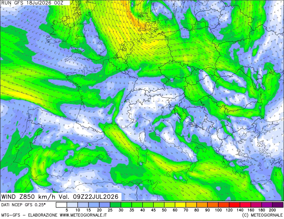 mappa 850 hPa Vento forza e direzione