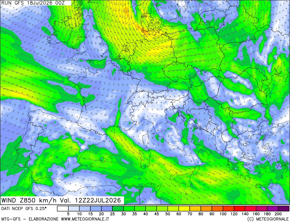 mappa 850 hPa Vento forza e direzione