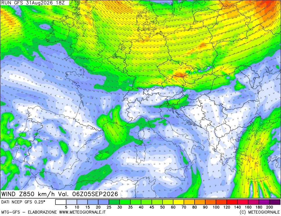 mappa 850 hPa Vento forza e direzione