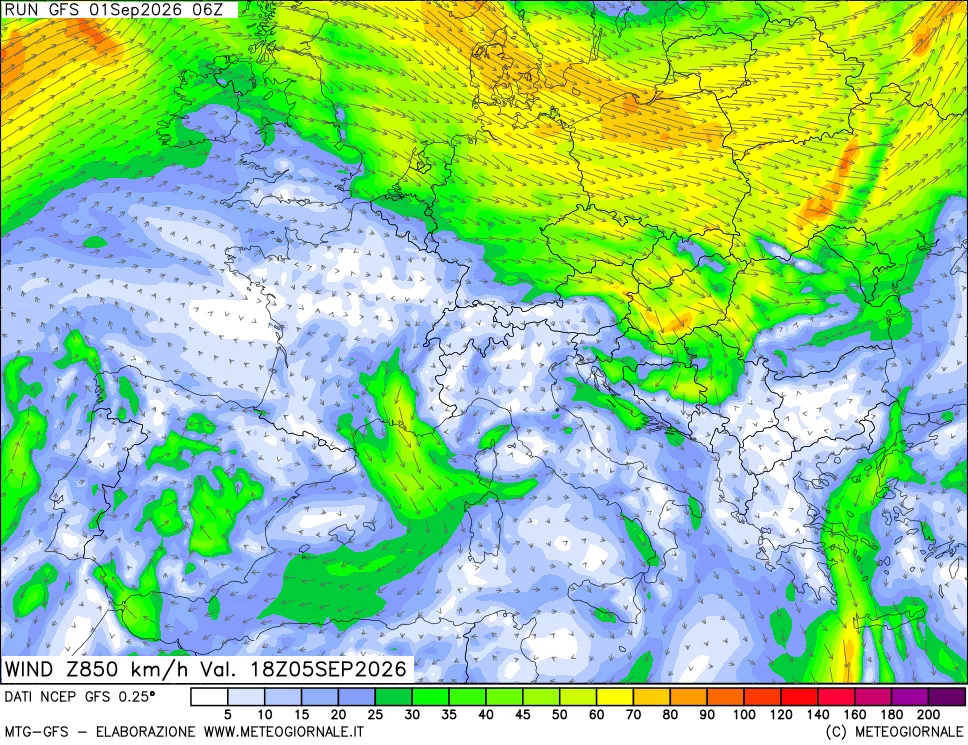 mappa 850 hPa Vento forza e direzione