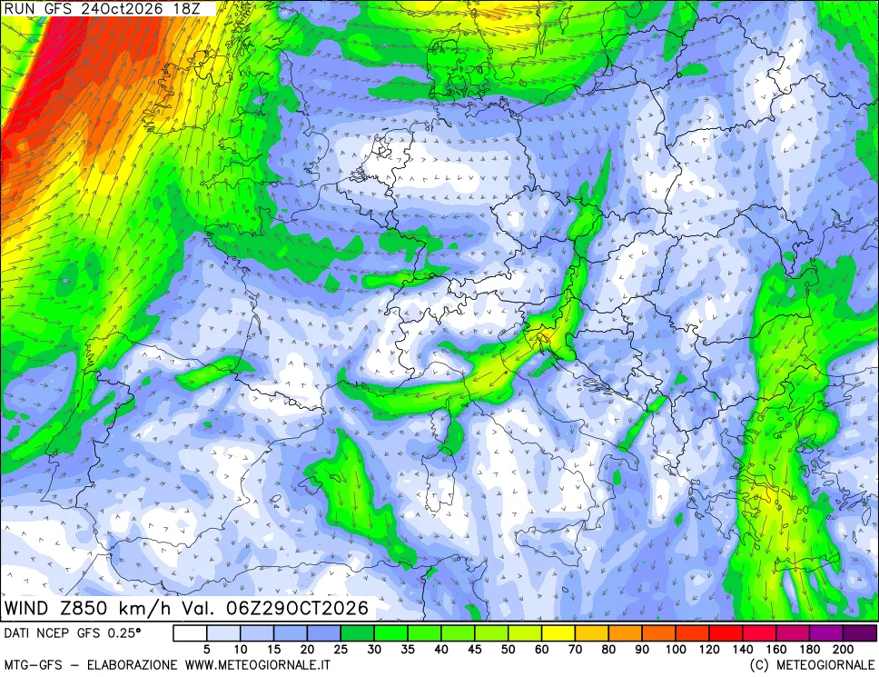 mappa 850 hPa Vento forza e direzione