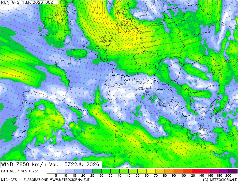 mappa 850 hPa Vento forza e direzione