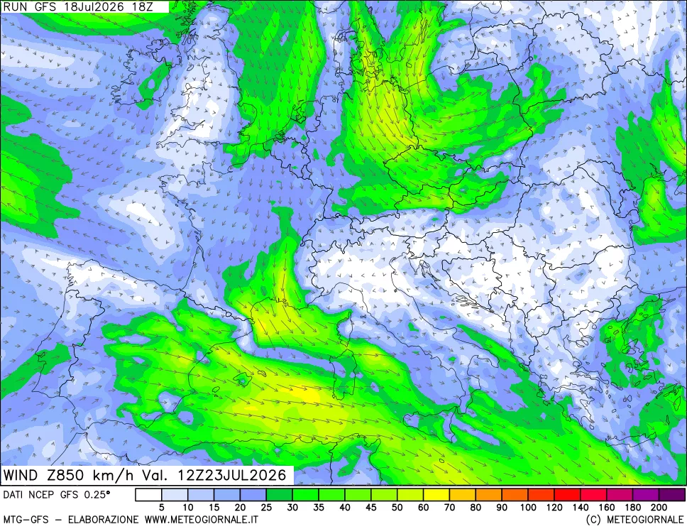 mappa 850 hPa Vento forza e direzione