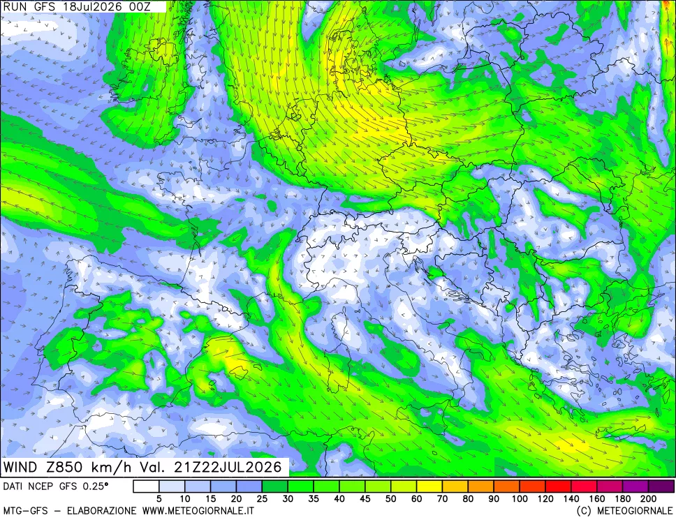 mappa 850 hPa Vento forza e direzione