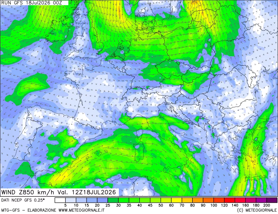 mappa 850 hPa Vento forza e direzione