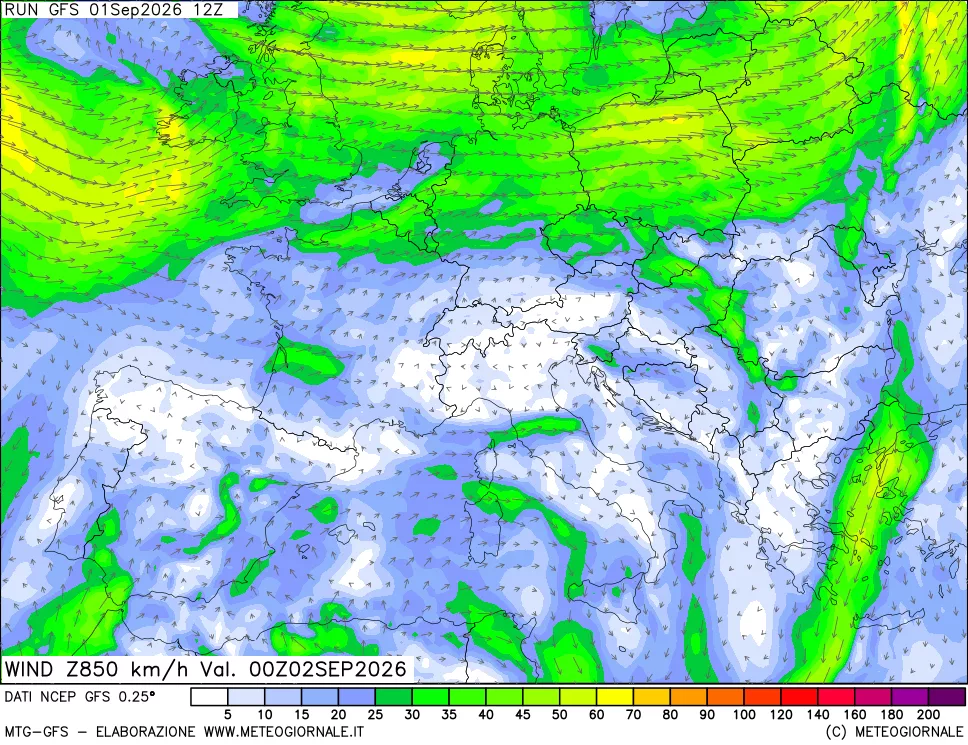 mappa 850 hPa Vento forza e direzione
