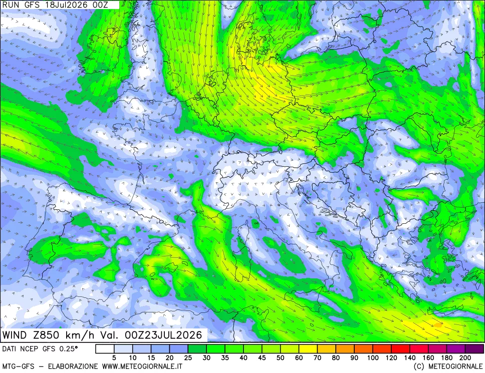 mappa 850 hPa Vento forza e direzione