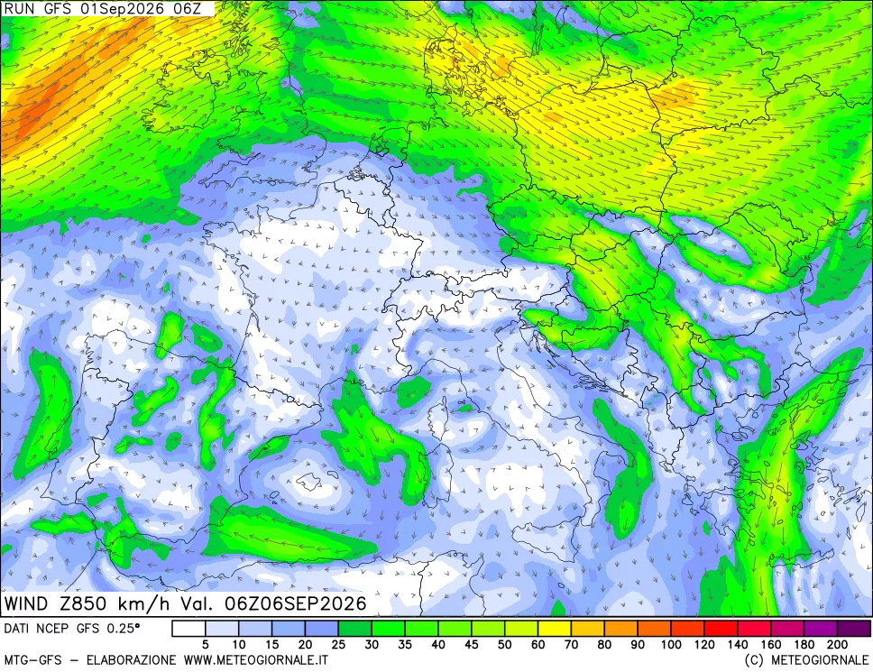mappa 850 hPa Vento forza e direzione