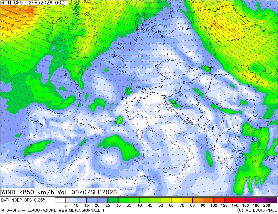 mappa 850 hPa Vento forza e direzione