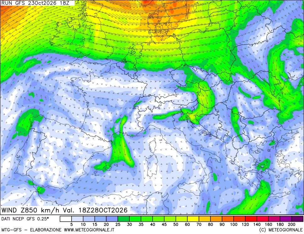 mappa 850 hPa Vento forza e direzione
