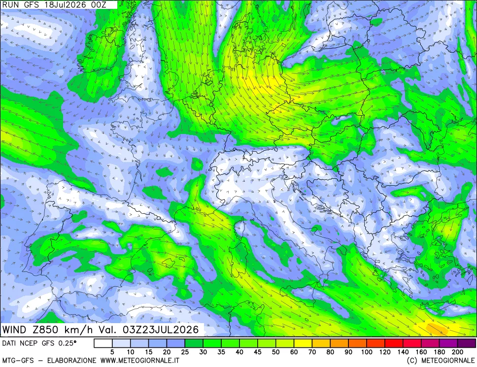 mappa 850 hPa Vento forza e direzione