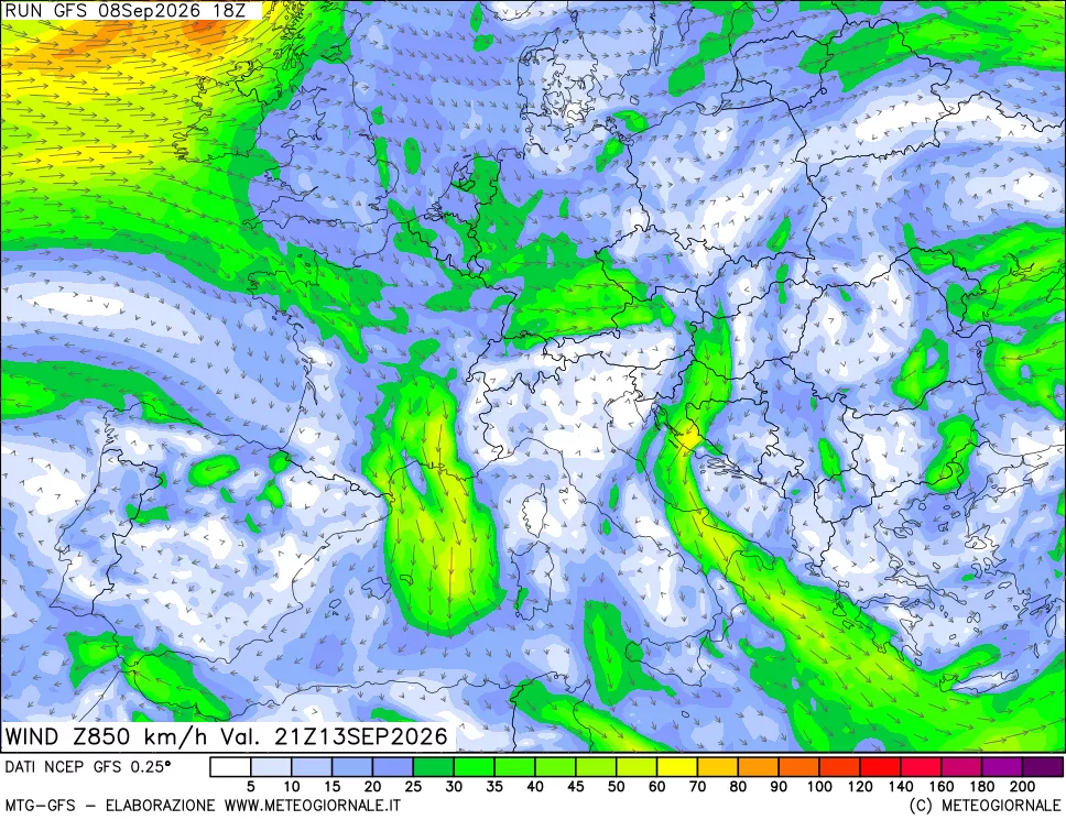 mappa 850 hPa Vento forza e direzione