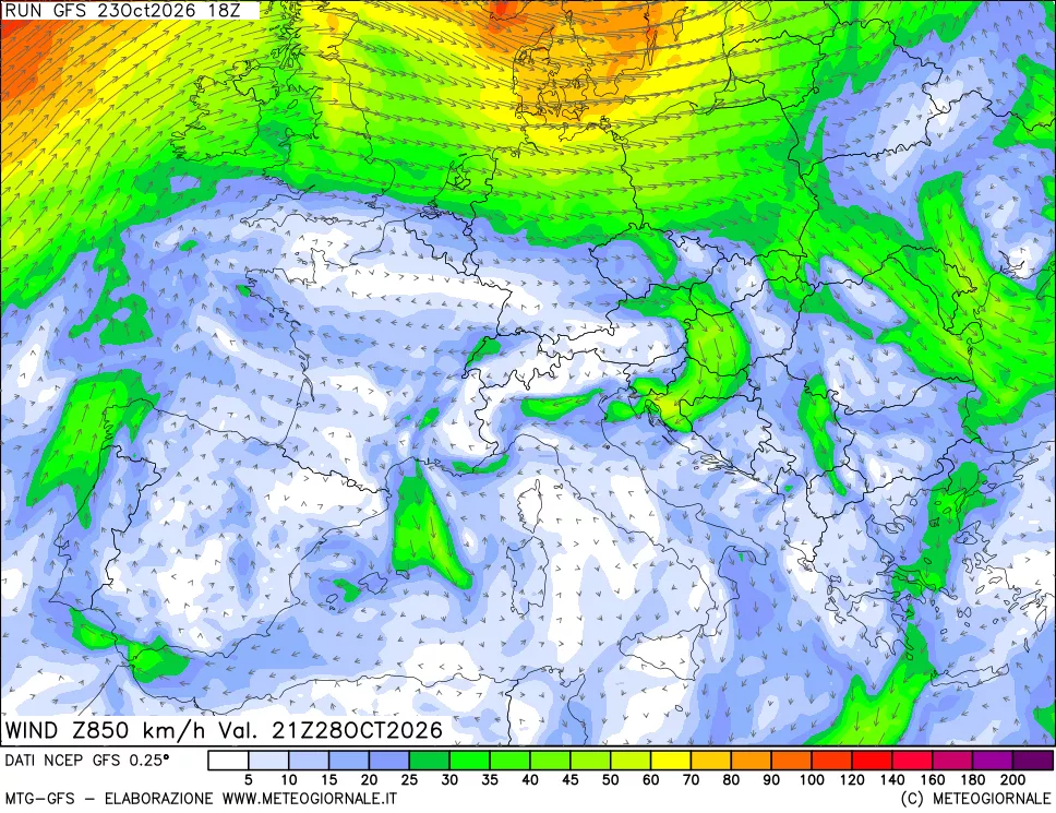 mappa 850 hPa Vento forza e direzione