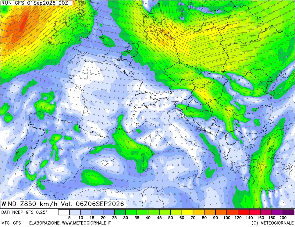 mappa 850 hPa Vento forza e direzione