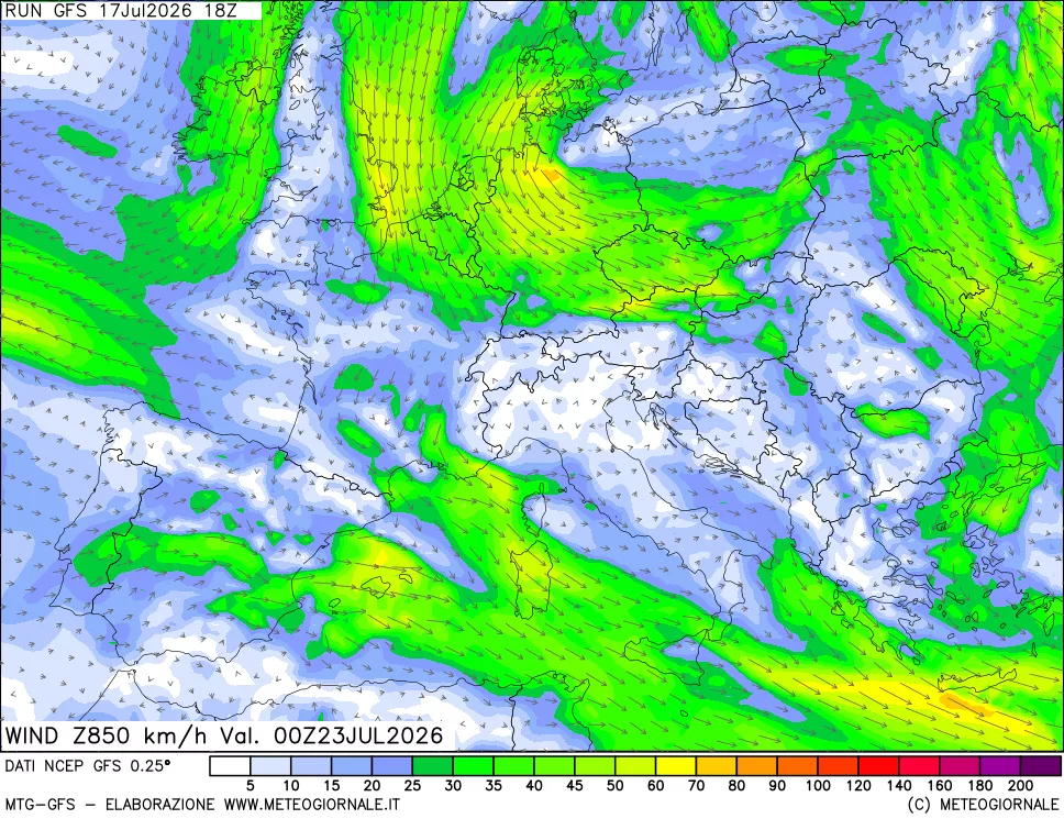 mappa 850 hPa Vento forza e direzione