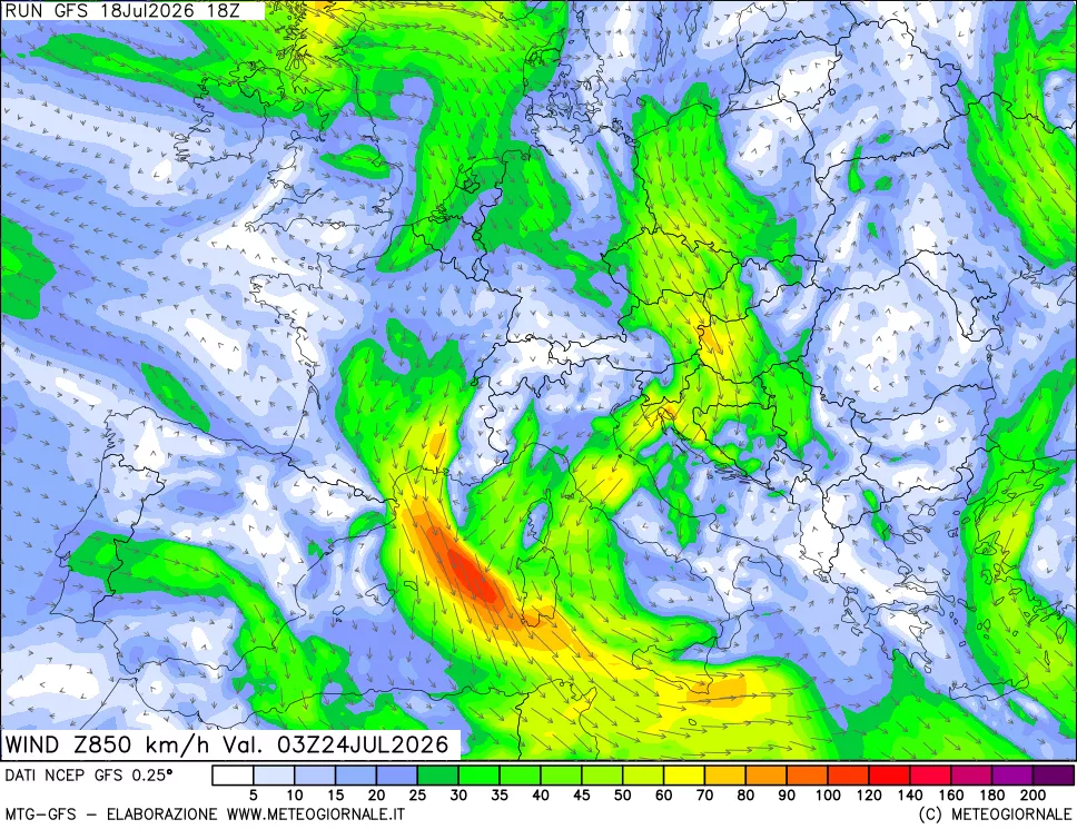 mappa 850 hPa Vento forza e direzione