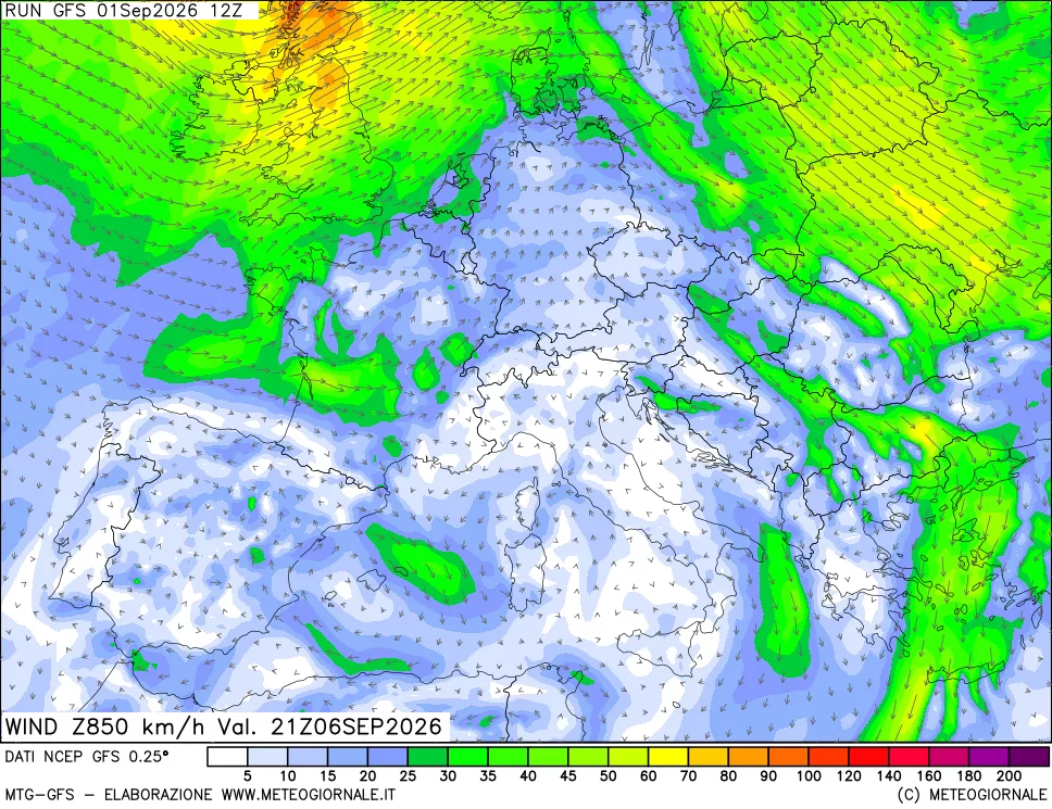 mappa 850 hPa Vento forza e direzione