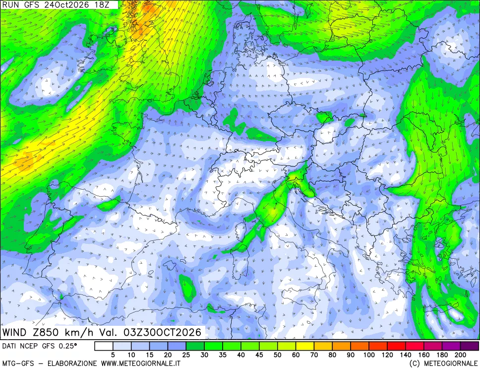 mappa 850 hPa Vento forza e direzione
