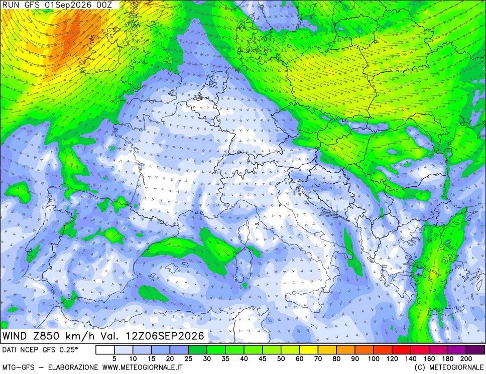 mappa 850 hPa Vento forza e direzione