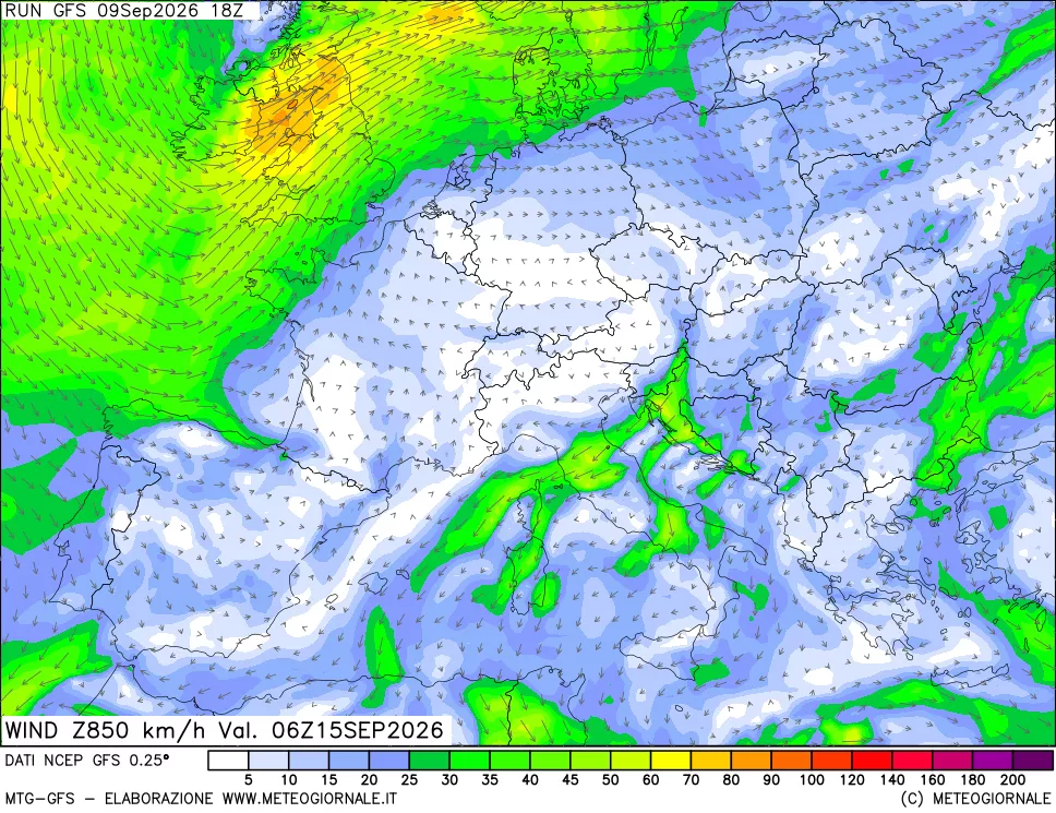 mappa 850 hPa Vento forza e direzione