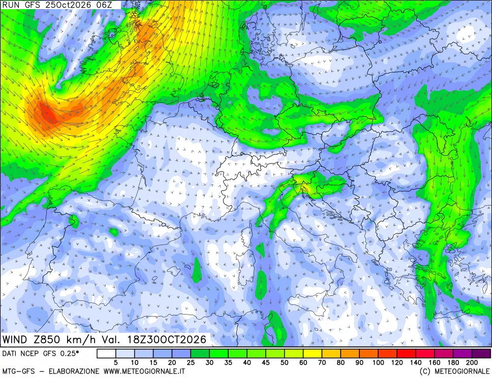 mappa 850 hPa Vento forza e direzione