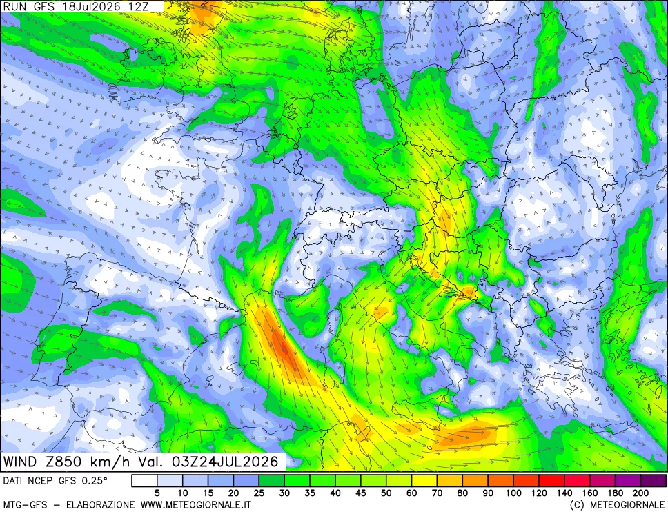 mappa 850 hPa Vento forza e direzione