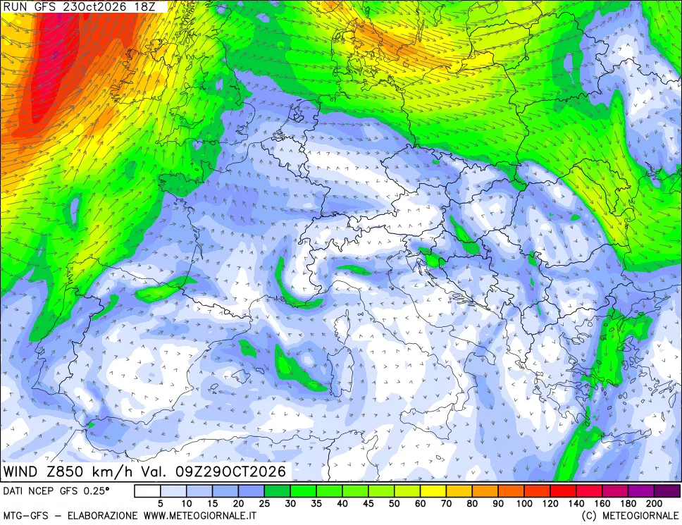 mappa 850 hPa Vento forza e direzione