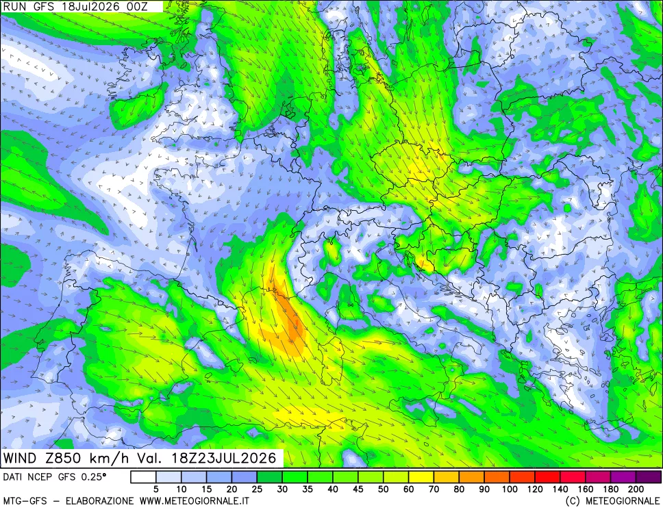 mappa 850 hPa Vento forza e direzione