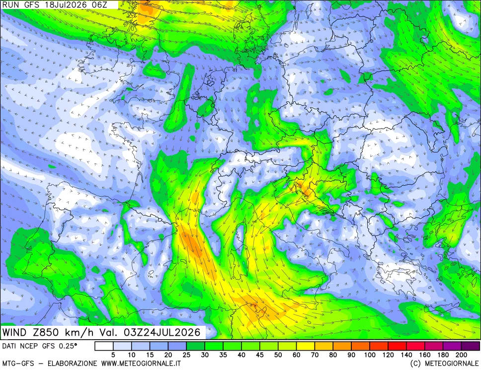 mappa 850 hPa Vento forza e direzione