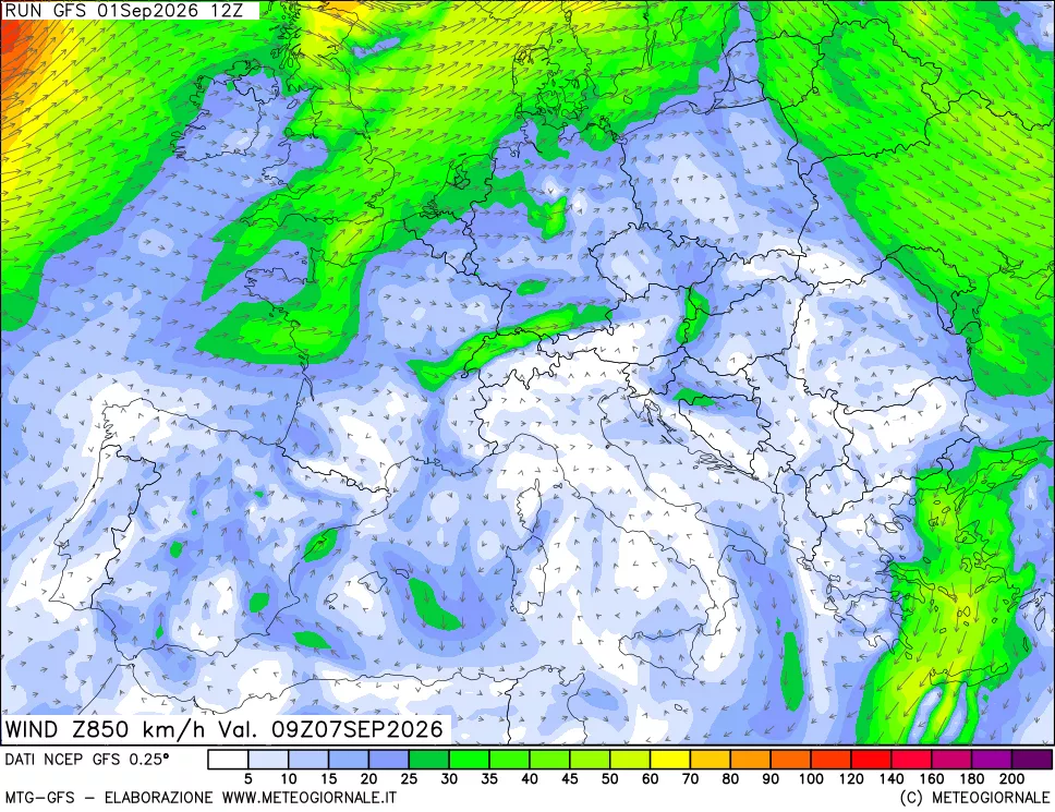 mappa 850 hPa Vento forza e direzione