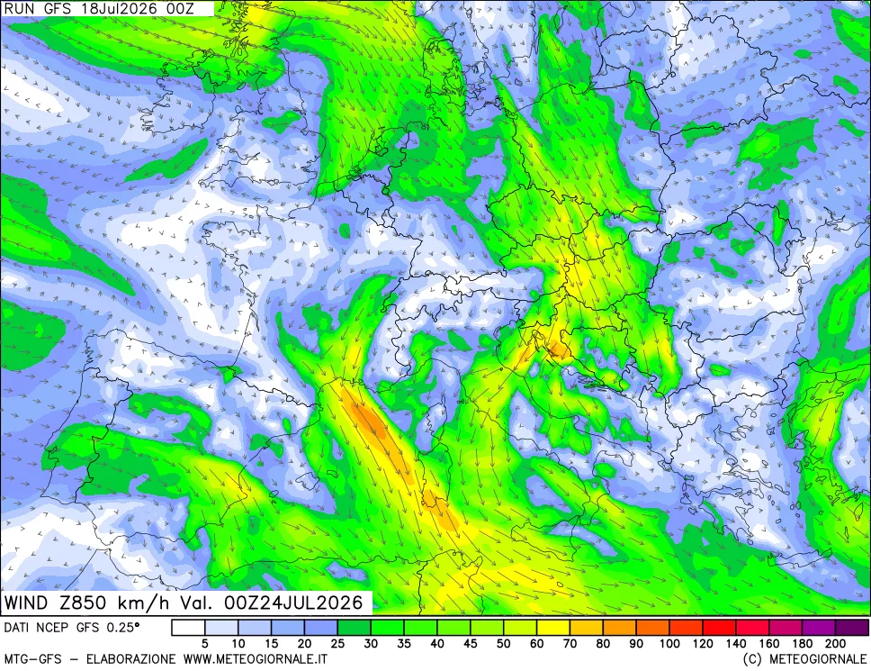 mappa 850 hPa Vento forza e direzione