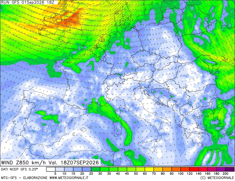mappa 850 hPa Vento forza e direzione